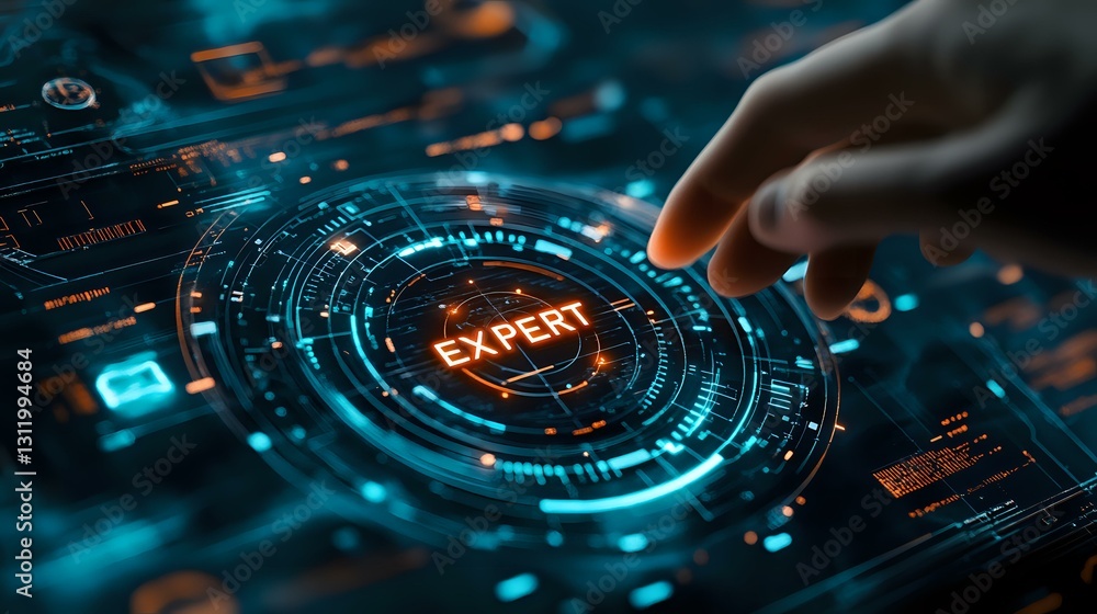 Obraz premium Futuristic digital interface with glowing expert text and finger touching holographic display in dark blue tones with circular HUD elements and data visualization.