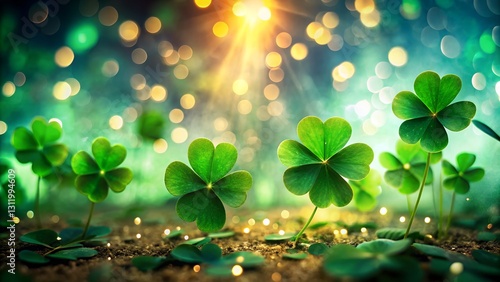 Lucky four-leaf clovers scattered with glowing green light.