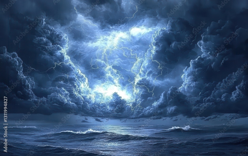 Obraz premium A sea of dark, moody clouds over a calm ocean, creating a sense of impending rain or storm