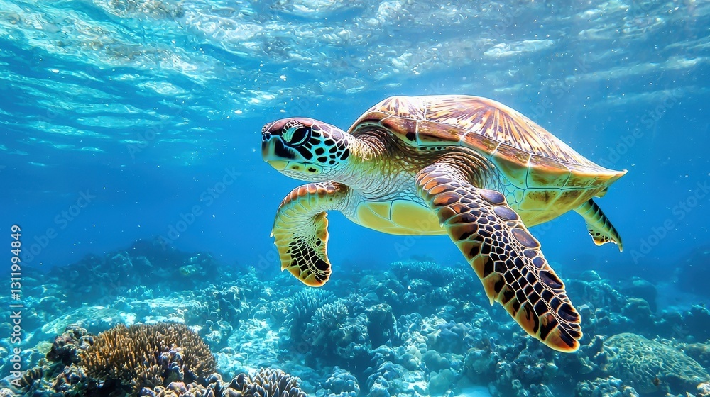 Fototapeta premium A sea turtle swimming gracefully through clear blue waters, with colorful coral reefs in the background