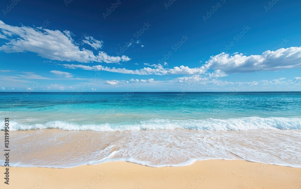 A serene beach with turquoise water and gentle waves, under a bright blue sky A serene beach with turquoise water and gentle waves, under a bright blue sky