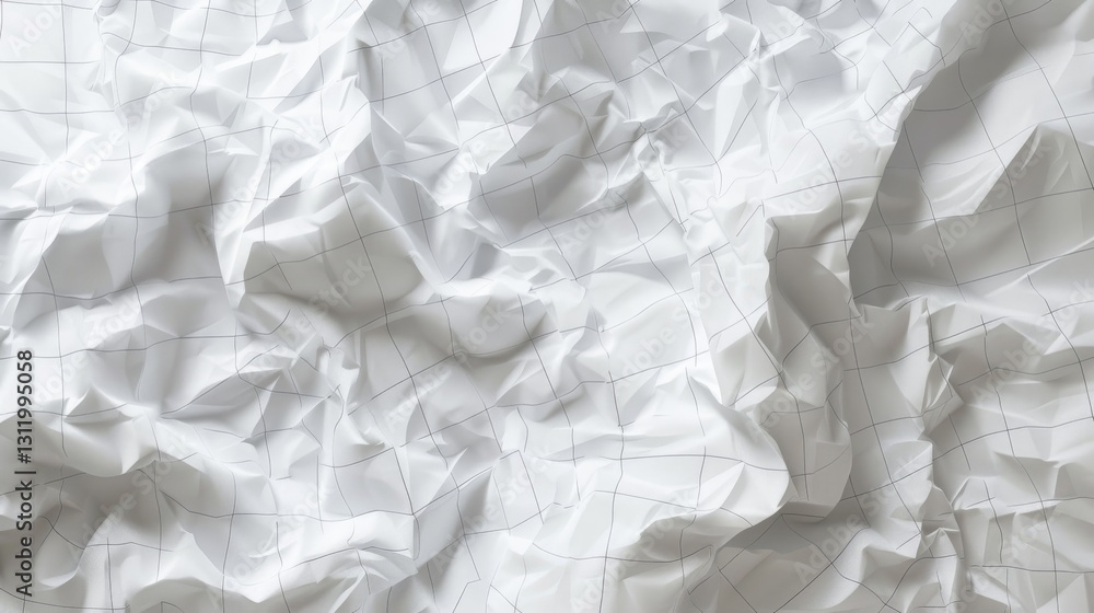 Obraz premium a detailed artistic rendering of crumpled white paper with delicate grid lines, showcasing the realistic texture and depth of the folds. The lighting should add a dramatic effect
