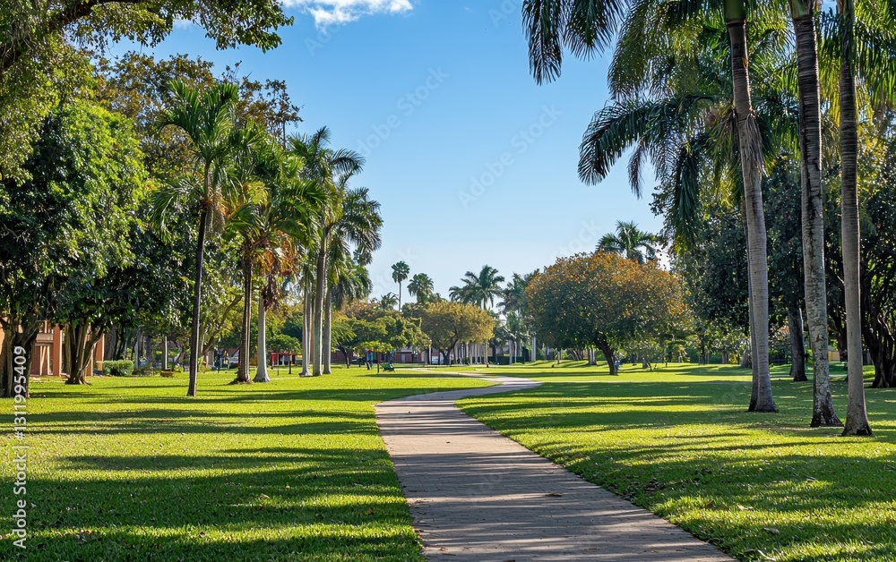 Obraz premium A serene park with wide, green lawns and tall trees creating natural pathways under a bright blue sky