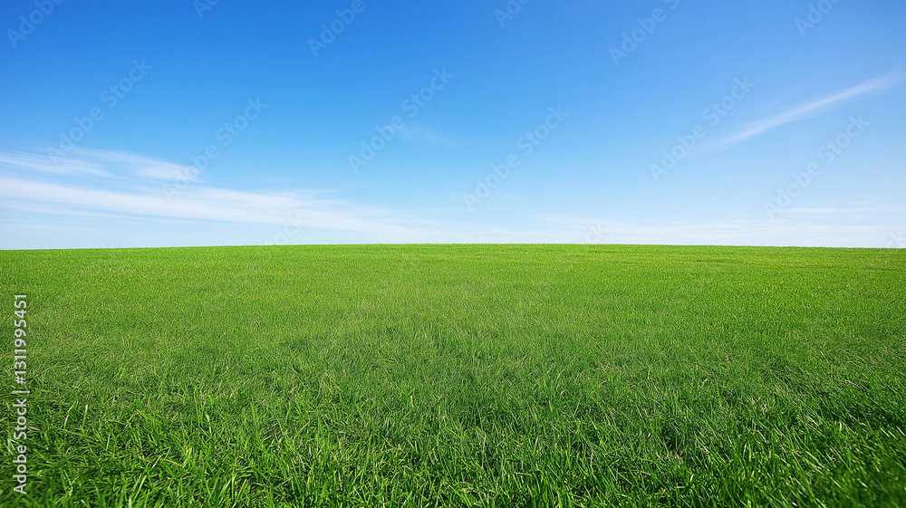 Green grass field with blue sky. Carbon footprint concept Green grass field with blue sky. Carbon footprint concept
