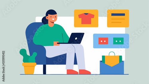 The Perfect Fit A shopper in a cozy chair with a thoughtful expression as they compare clothing sizes and colors on multiple fashion retail websites.
