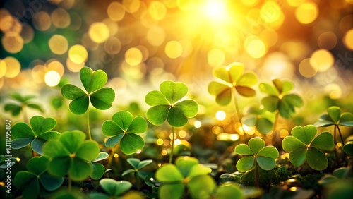 Lush green shamrocks illuminated by warm golden light.