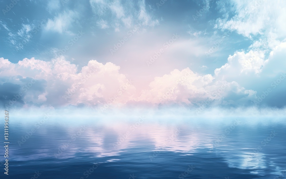 Obraz premium A sky filled with misty clouds above a calm lake, with the atmosphere creating a dreamy, tranquil feeling