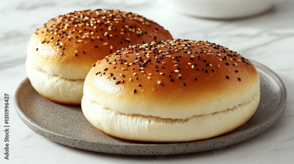 Two sesame seed-topped burger buns sit on a gray plate, on a marble surface. Concept food, simplicity, culinary, baking, cuisine. Two sesame seed-topped burger buns sit on a gray plate, on a marble surface. Concept food, simplicity, culinary, baking, cuisine.