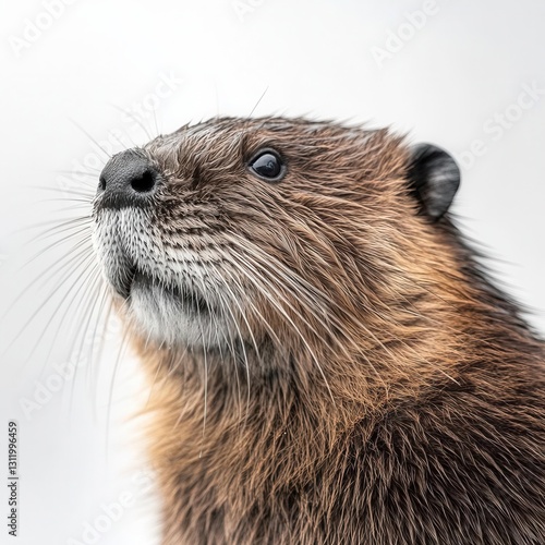 Exquisite Portrait of a Eurasian Beaver Isolated on a Pure White Background Showcasing Its Natural Features and Textured Fur in a Minimalist Wildlife Setting photo