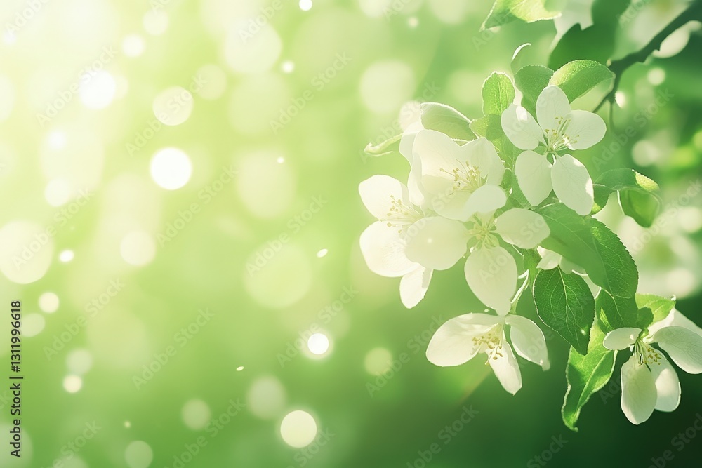 A serene scene featuring delicate white flowers with vibrant green leaves, softly illuminated by glowing light, creating a fresh and peaceful ambiance. A serene scene featuring delicate white flowers with vibrant green leaves, softly illuminated by glowing light, creating a fresh and peaceful ambiance.