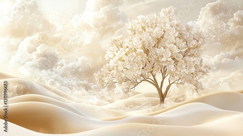 Golden tree with white flowers stands amidst clouds, hills. Floral landscape in soft pastel colors. Decorative design for wallpaper. Calm atmosphere. Excellent for home decor. Luxurious. Gentle.