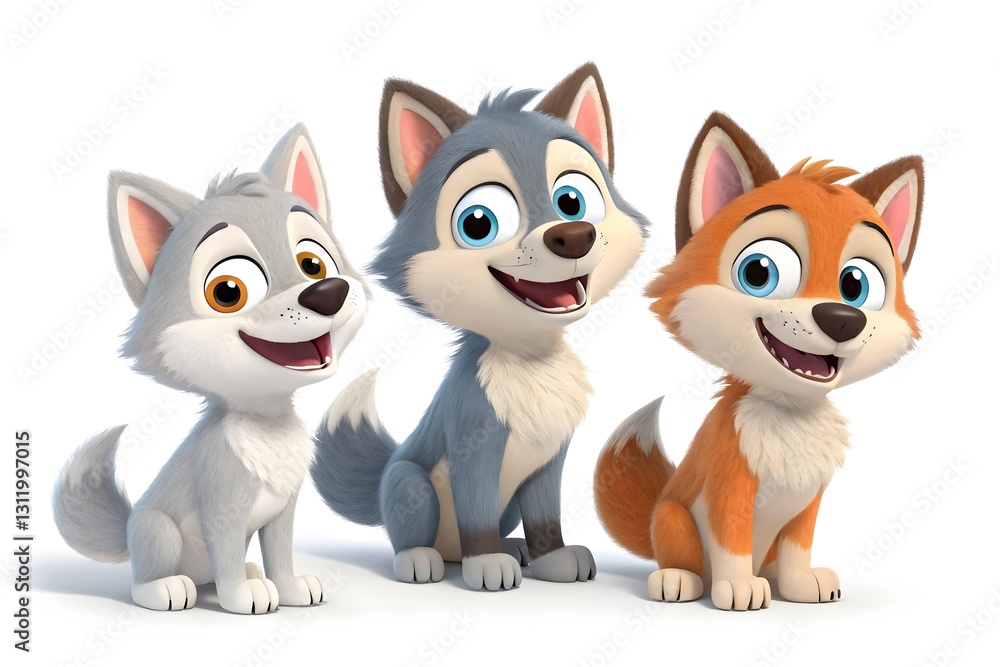 Fototapeta premium Cute 3D Cartoon Wolf Set – Joyful and Friendly Wolves on White Background