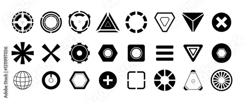 Isolated Cyber Abstract Icon set, Futuristic symbol, Cyber space graphic elements for Decorations, Modern Technology, Black minimal (Editable)