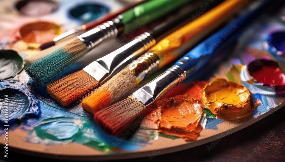 Obraz premium Bright and vivid brushes resting on a colorful palette, inviting creativity and inspiration.