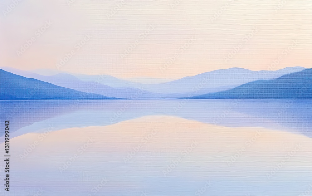 A soft, misty morning landscape with a lake reflecting the pastel-colored sky and distant hills A soft, misty morning landscape with a lake reflecting the pastel-colored sky and distant hills