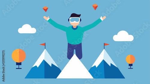 Visualizing Success A motivated patient in a VR setup visualizing their goals through imaginative scenarios with uplifting imagery such as mountains conquered and paths od ahead.