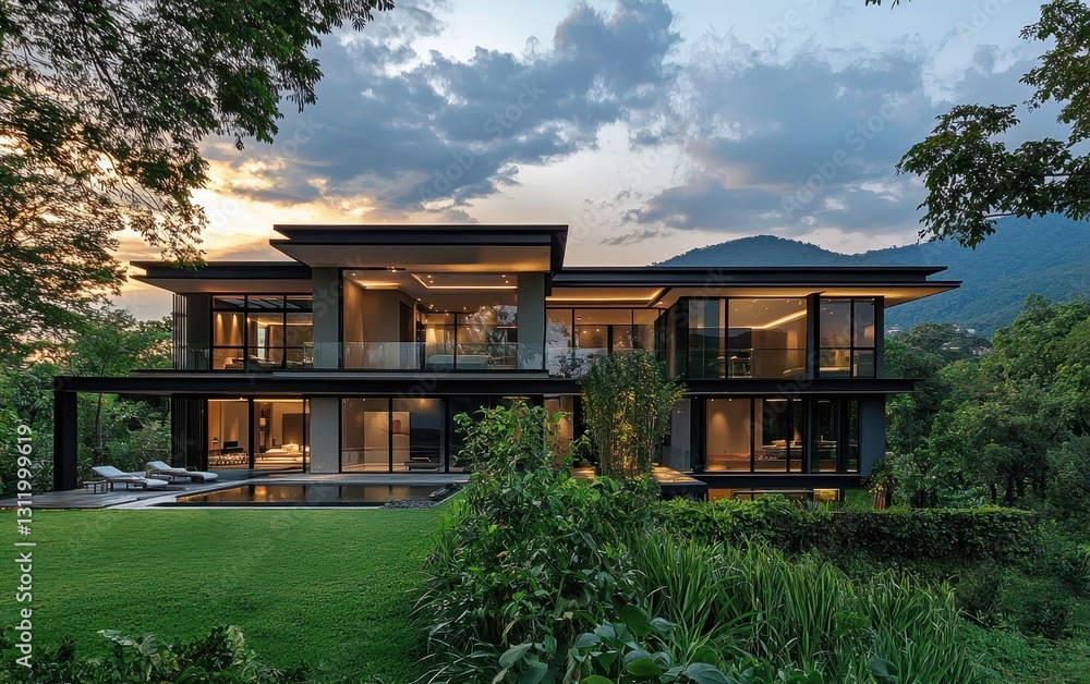 A stunning modern mansion with a spacious exterior, lush greenery surrounding the house, and a clear view of a nearby mountain range A stunning modern mansion with a spacious exterior, lush greenery surrounding the house, and a clear view of a nearby mountain range