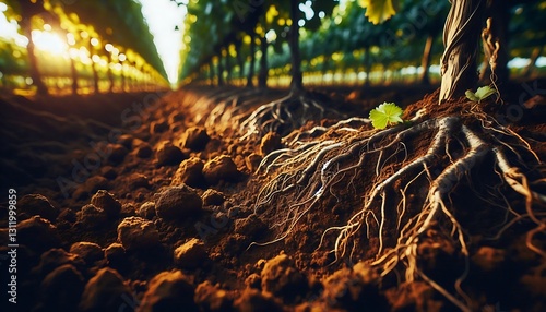 close-up of rich vineyard soil with grapevines growing, showing the connection between terroir and wine flavor