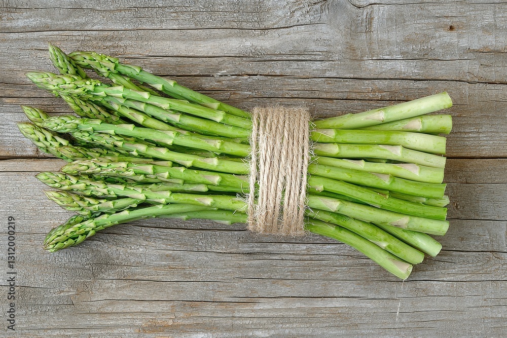 Fresh Green Asparagus Spears Tied with Rustic Twine on Weathered Wood Surface, Close-Up Still Life of Healthy Spring Vegetable, Nutrient-Rich Food Source for Diet and Wellness, Cooking Ingredient Fresh Green Asparagus Spears Tied with Rustic Twine on Weathered Wood Surface, Close-Up Still Life of Healthy Spring Vegetable, Nutrient-Rich Food Source for Diet and Wellness, Cooking Ingredient