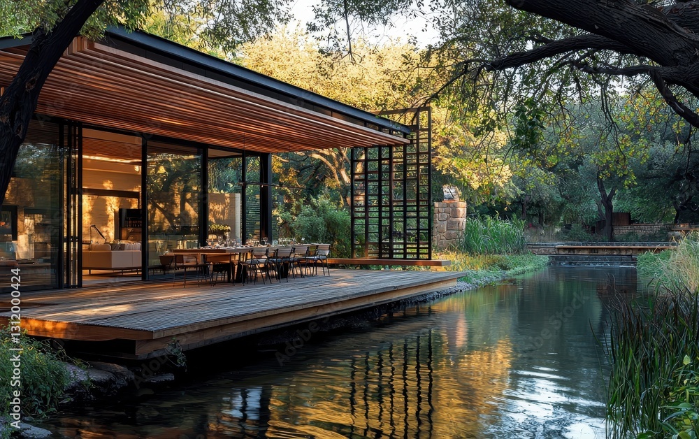 Fototapeta premium A stylish contemporary home with wooden slats and glass walls, sitting beside a peaceful river, with a beautiful outdoor dining area on the deck