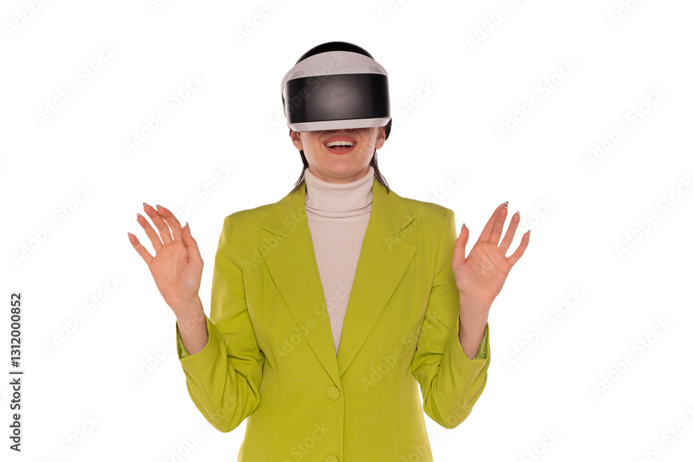 Excited woman enjoying virtual reality experience while wearing headset in a bright green suit Excited woman enjoying virtual reality experience while wearing headset in a bright green suit