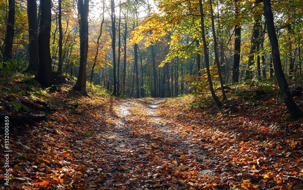Fototapeta premium A sun-dappled forest with a winding path covered in fallen leaves