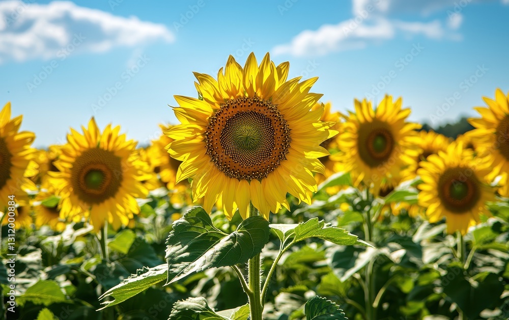 A sunflower field in full bloom, with bright yellow flowers reaching toward a blue sky on a warm summer day A sunflower field in full bloom, with bright yellow flowers reaching toward a blue sky on a warm summer day