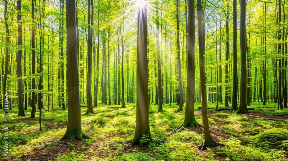 Obraz premium Serene Virtual Forest Meeting Room Surrounded by Lush Green Trees and Sunlight