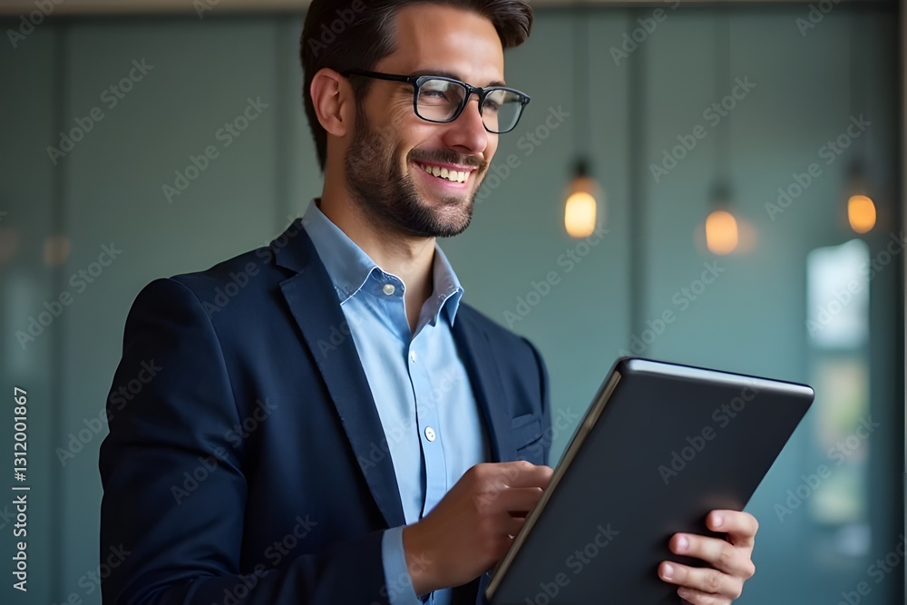Businessman in suit smiling while holding a tablet in an office setting Businessman in suit smiling while holding a tablet in an office setting