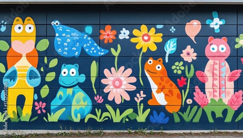 Colorful Mural of Cute Animals and Flowers on a Dark Wall
