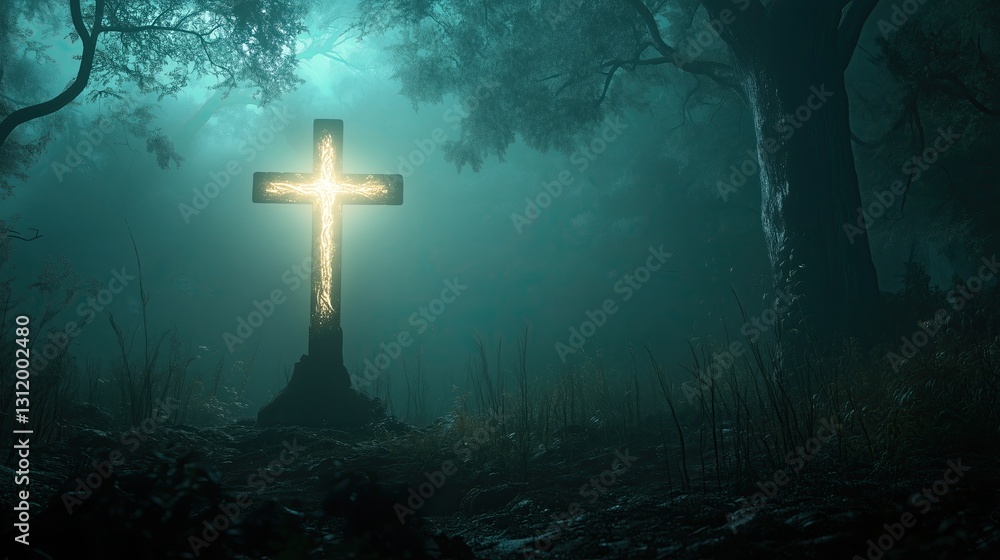 Naklejka premium Illuminated cross in a serene forest setting.