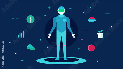 Virtual Health Coach An interactive holographic figure providing guidance on nutrition and fitness depicted with charts and healthy meal suggestions encapsulated in a futuristic