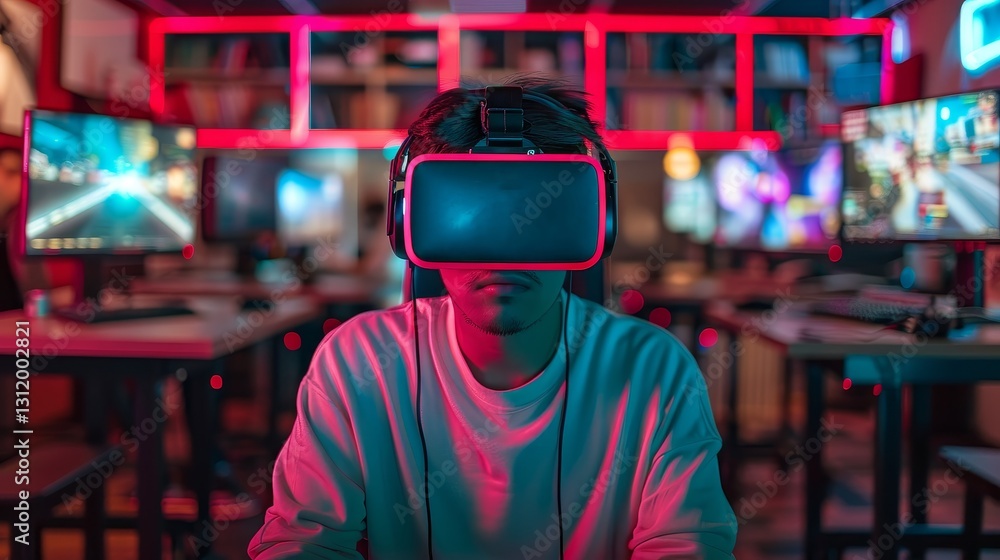Immersive Virtual Reality Gaming Experience in Neon Lit Arena Immersive Virtual Reality Gaming Experience in Neon Lit Arena