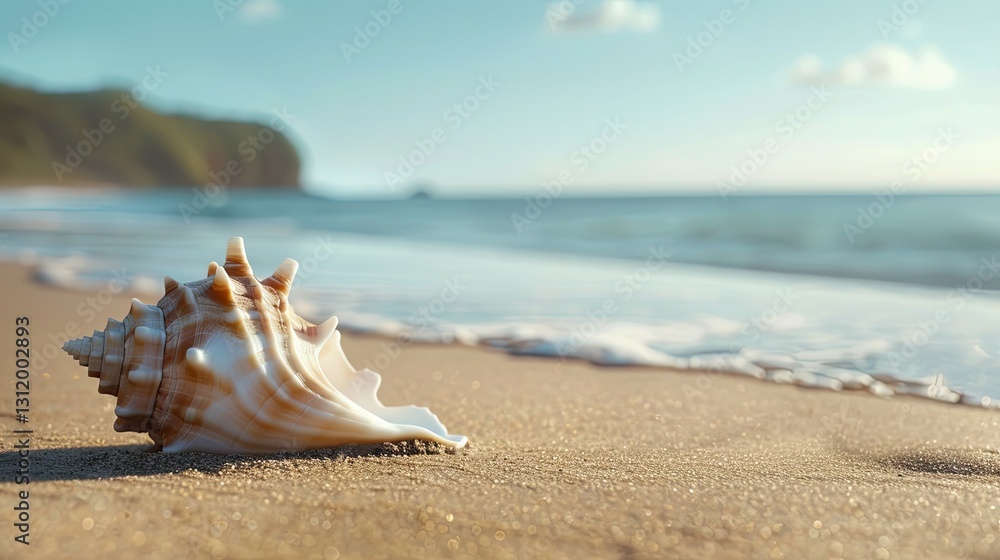 Serene Seashell Dream, Coastal Still Life with Textured Beach and Gentle Waves Serene Seashell Dream, Coastal Still Life with Textured Beach and Gentle Waves