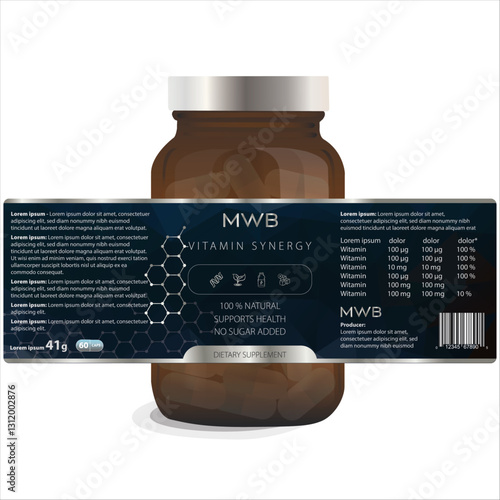 Vector drawing of a dietary supplement bottle and label template dark blue