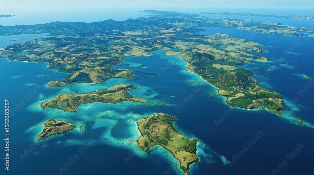 Obraz premium Aerial view of tropical archipelago islands, turquoise waters, lush green landscapes