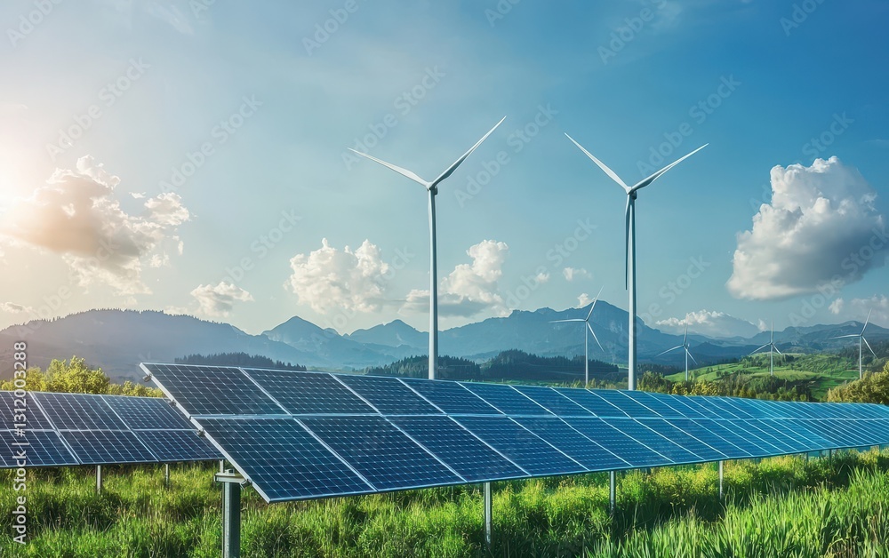 A sustainable energy grid with solar panels, wind turbines, and hydropower plants, representing a future of renewable energy sources A sustainable energy grid with solar panels, wind turbines, and hydropower plants, representing a future of renewable energy sources