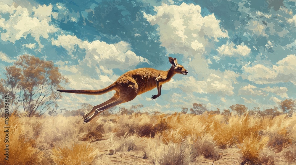 A wild kangaroo bounding through the Australian outback, its powerful legs propelling it across the vast landscape A wild kangaroo bounding through the Australian outback, its powerful legs propelling it across the vast landscape