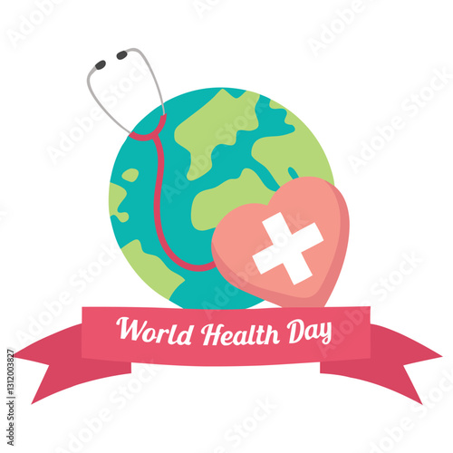 World Health Day Concept with Earth, Stethoscope, and Heart Symbol