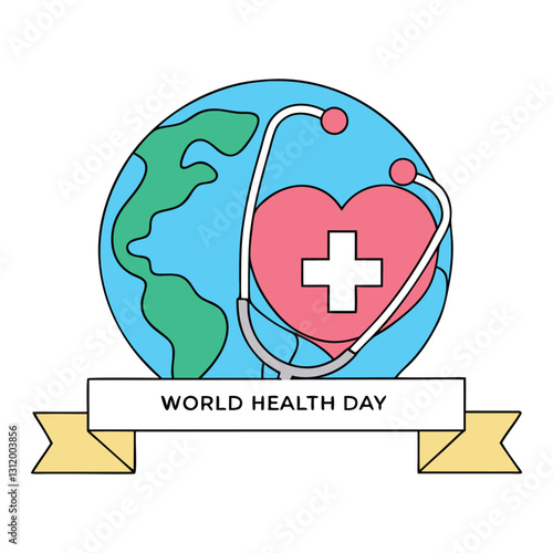 World Health Day Concept with Earth, Stethoscope, and Heart Symbol