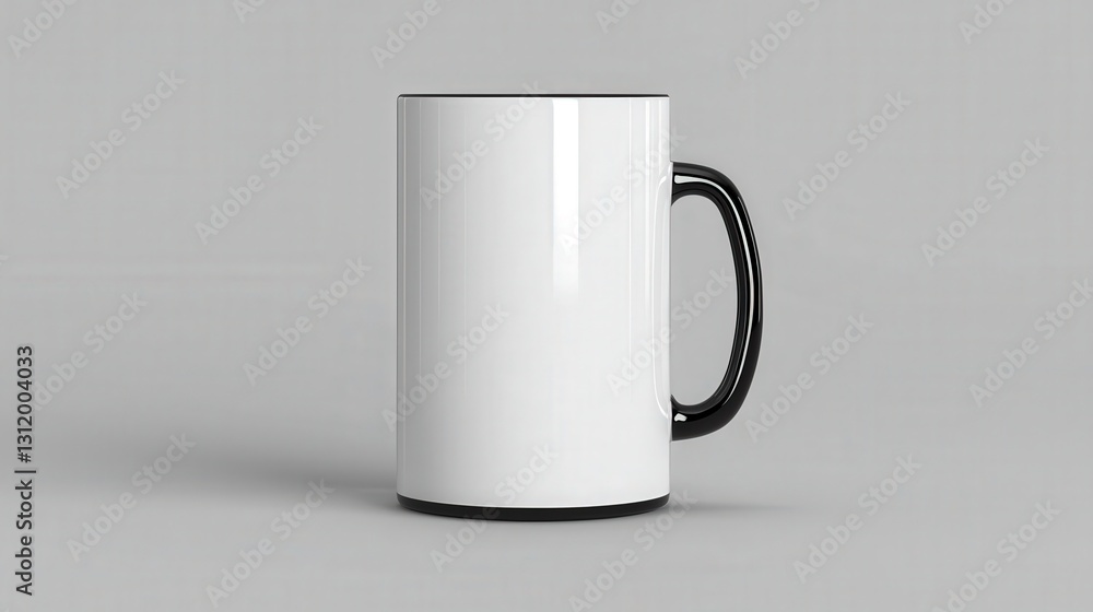 Obraz premium White mug with black handle on grey background.