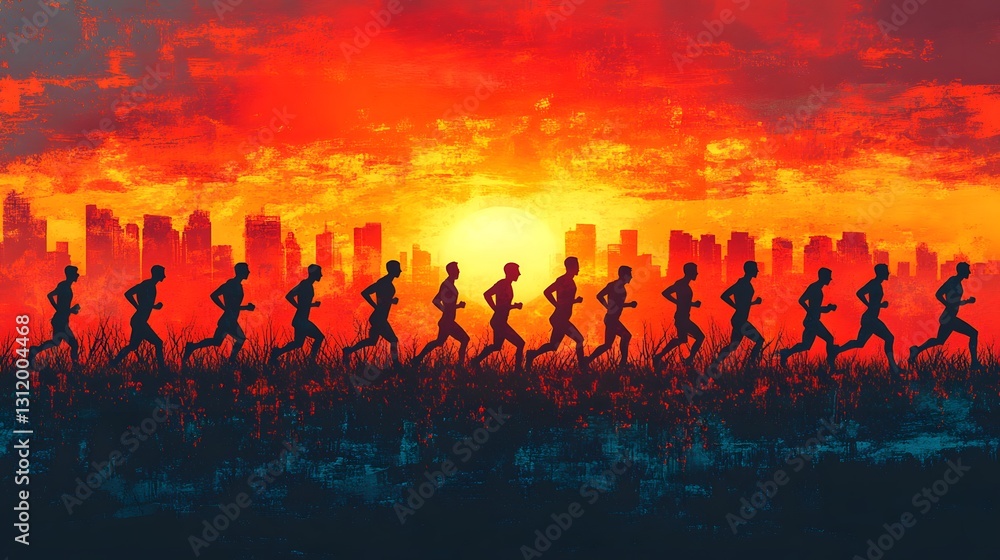Dynamic Scene of Running Men Black Silhouette Against a Vibrant Sunset in Abstract Illustration Style Dynamic Scene of Running Men Black Silhouette Against a Vibrant Sunset in Abstract Illustration Style