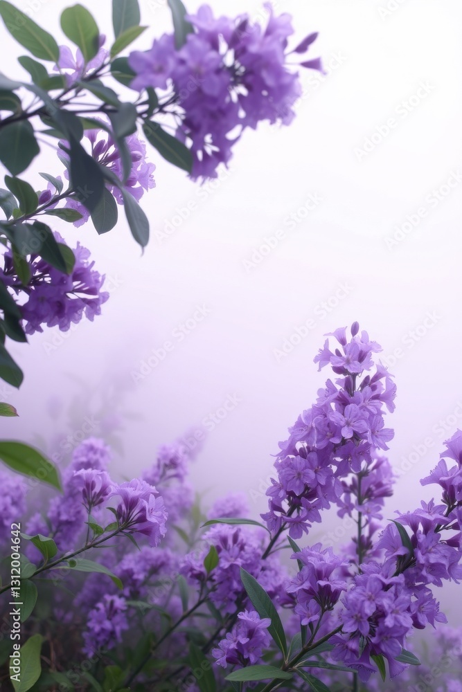 Obraz premium Vibrant purple flowers blooming in a misty garden landscape during the early morning light