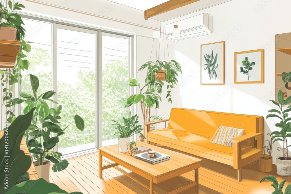 Naklejka premium Sunny living room with yellow sofa, plants, and large window.