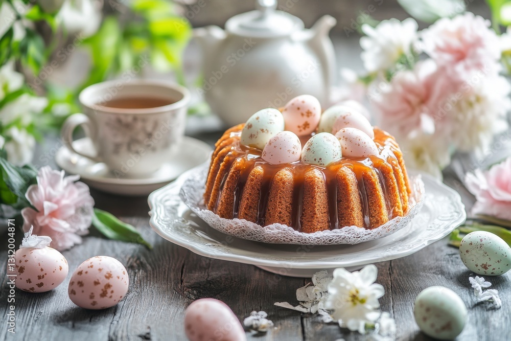Pastel Easter eggs adorn a caramel glazed bundt cake, presented on a rustic wooden table alongside a cup of tea and spring flowers. Soft, natural Pastel Easter eggs adorn a caramel glazed bundt cake, presented on a rustic wooden table alongside a cup of tea and spring flowers. Soft, natural