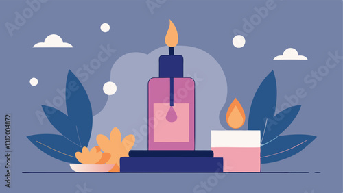 Spalike Environment A zenlike setting where the facial oil is showcased on a spa table with soft light candles and an overlay of subtle exosome designs to emphasize luxury and