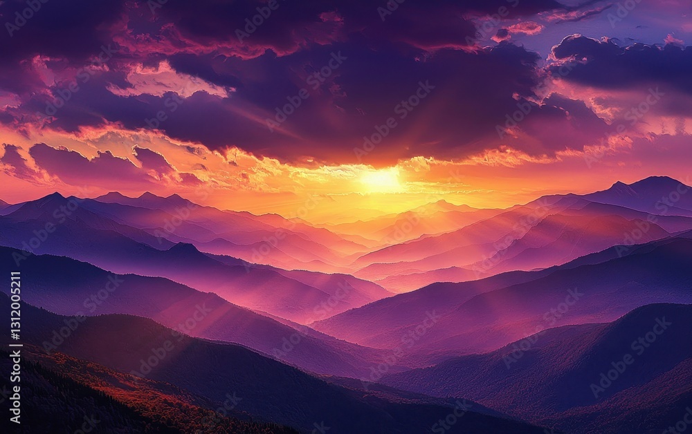 Fototapeta premium A tranquil sunset in the mountains, with the sky changing from golden to deep purple as night approaches