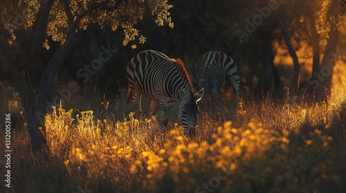 Striped Equines Grazing in Golden Sunlight, Zebras in African Savanna