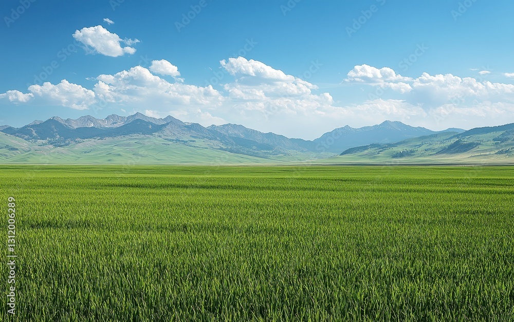 A vast field of green grass stretching out toward the horizon, with mountains in the distance A vast field of green grass stretching out toward the horizon, with mountains in the distance