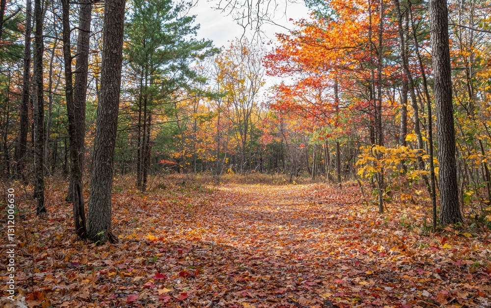 A vibrant autumn forest with orange, red, and yellow leaves on the ground A vibrant autumn forest with orange, red, and yellow leaves on the ground
